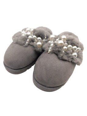 NWT Express Sz M Grey Gray Faux Fur Pearl Embellished Open Back Slippers